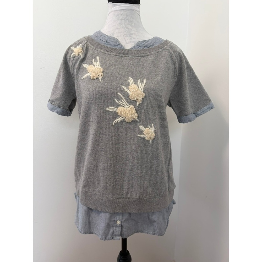 Floreat Anthropologie Beaded Bird Mixed Media Layered Sweatshirt Top Gray M